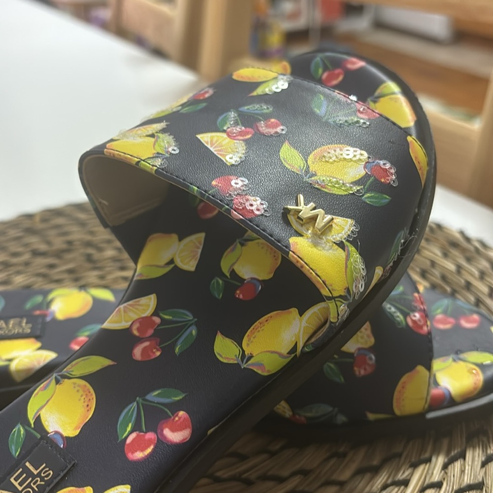 Michael Kors Black Slides with Lemon and Cherry Print - Picture 4 of 7